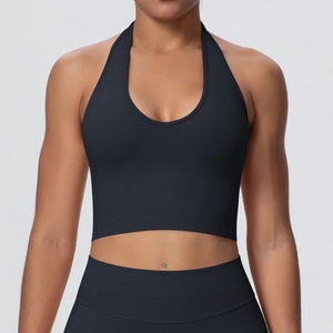 Close-up of black halter yoga bra featuring breathable ribbed texture and seamless design