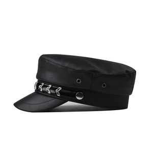 Classic black PU leather military cap with metallic arrow rivets and vintage textured finish