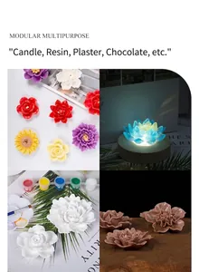 Detailed grid showing silicone molds for rose and lotus candles, resin, plaster, and chocolate