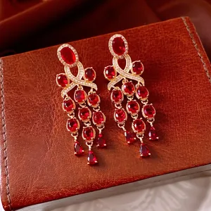 Vintage Tassel Drop Earrings With Silver Earring Post Copper Red Zircon Luxury Evening Jewelry For Women