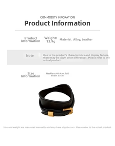 Detail view of black faux leather choker with gold alloy buckle and sizing dimensions
