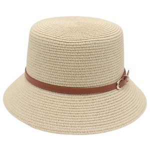 Elegant summer woven straw sun hat with brown leather strap and gold buckle detail