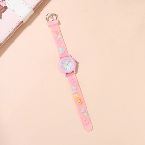 Pink kids' watch with butterfly embossed silicone strap and colorful numbers dial