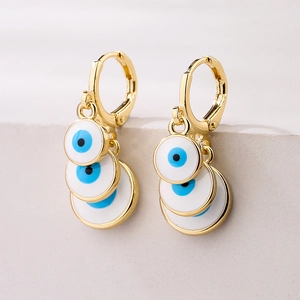Evil Eye Hoop Dangle Earrings Copper Gold Plated Enamel Tiered Triple Charms Bohemian Ethnic Fashion For Women