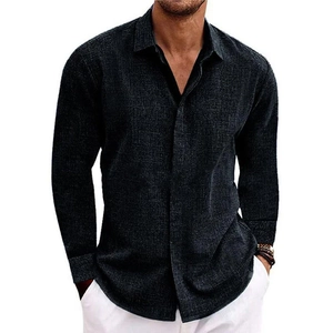 Men's loose fit long sleeve linen shirt in dark grey with casual button-down collar