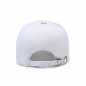 Rear view of white cotton baseball cap with adjustable strap and metal buckle fastener