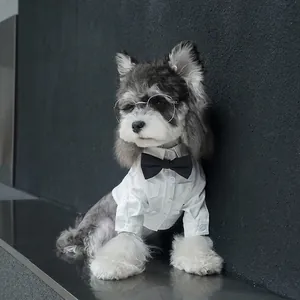 Formal white dog shirt with black bowtie and silver glasses for small pet formal wear