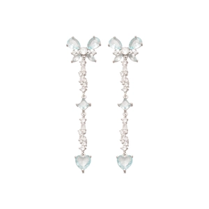 Silver bow heart drop earrings with zircon tassel design for a minimalist elegant style