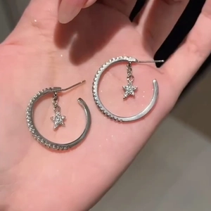 Zirconia Star Charm Hoop Earrings Copper With Silver Earring Post Sparkly Rhinestone Dainty Jewelry For Women