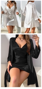 Détail de la chemise de nuit en satin et du peignoir assorti en noir et blanc chic