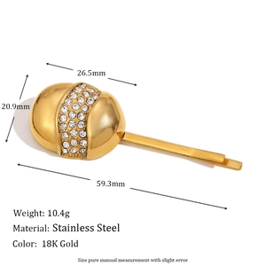 Minimalist 18K gold-plated stainless steel shell hair clip encrusted with clear rhinestones