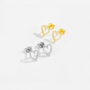 Close-up of S925 sterling silver heart earrings with micro-set cubic zirconia stones