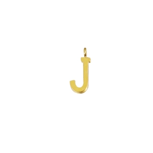 Close-up of golden stainless steel alphabet J pendant with smooth polished mirror finish