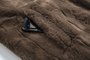 Detail view of large side pocket on dark brown faux fur coat with plush texture