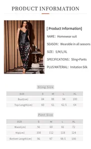 Guide des tailles détaillé pour pyjama en satin avec mesures du haut et du pantalon en cm