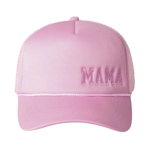 Pink MAMA embroidered foam trucker hat with breathable mesh and adjustable sun protection