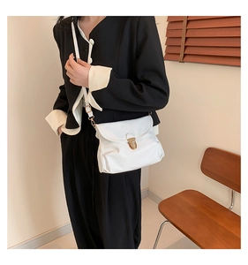 Detail of white pleated shoulder bag featuring a gold metal lock and leather strap