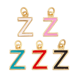 Close-up of five colorful enamel letter Z pendants with gold frames in various colors