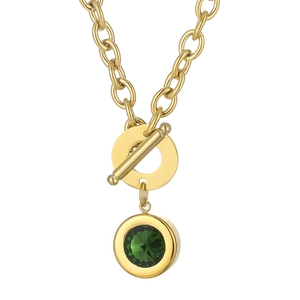 Golden chunky chain necklace with green gemstone pendant and OT toggle clasp closure