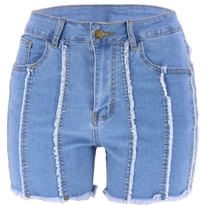 Women High Waist Denim Shorts Frayed Edge Tassel Slim Fit Stretchy Urban Casual Wash Light Blue