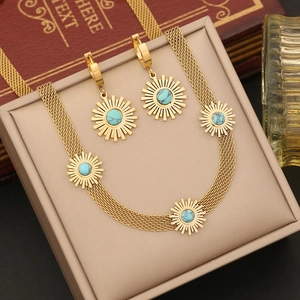 Sunburst Pendant Necklace Turquoise Stainless Steel Mesh Chain Bohemian Vintage Jewelry For Women Gold Plated