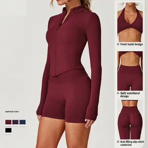 Damen 2-Teiler Winter Yoga Set mit langärmligem Reißverschluss Oberteil und Shorts