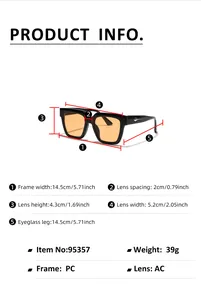Detailed size chart for square sunglasses showing frame width lens height and technical specs