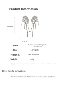 Detailed size specifications of mesh wing tassel earrings with rhinestone inlay measurements
