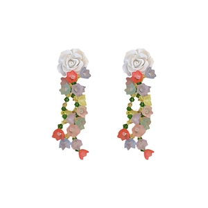 Floral acrylic drop earrings with white roses and colorful resin flowers for women