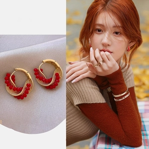 Eleganti Orecchini A Cerchio Con Perline Di Vetro Rosso E Perno In Argento Gioielli Vintage Placcati Oro Donna