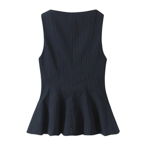 Slim fit navy blue pinstripe sleeveless peplum top with elegant ruffled hem for women