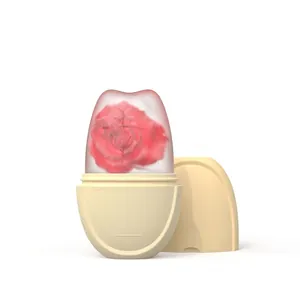 Detail of face ice roller with a frozen red rose inside and engraved usage instructions