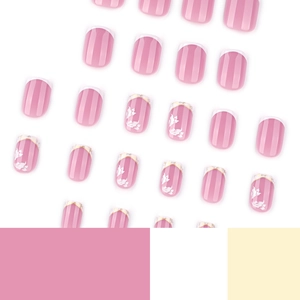 Pink French square press-on nails with white flower designs and gold line details