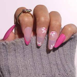 Press On Nails Pink Daisy Flower Long Almond French Tip Glossy Sweet Artificial Fake Nails For Women Manicure Art Decor