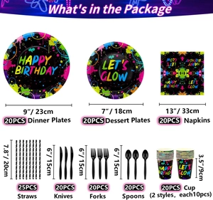 Detailed neon party tableware set layout with plate, napkin, and cup dimensions