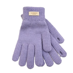 Purple knitted touchscreen gloves with leather logo tag on a white background