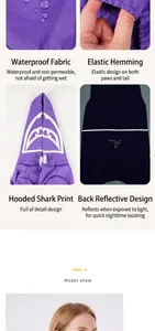 Detail of purple dog raincoat with waterproof fabric, reflective strip and shark hood print