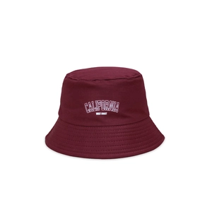 Detail of burgundy cotton bucket hat with white California West Coast embroidery