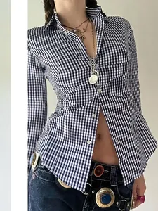 Women Plaid Shirt Polyester Cotton Long Sleeve Slim Fit Button Down Polo Collar Y2K Casual Blouse Fashion Top