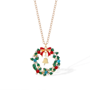 Christmas jewelry set featuring elk wreath and bell pendant necklace with colorful rhinestones