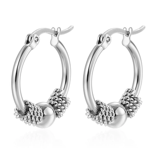 Minimalist silver stainless steel hoop earrings with bead and woven knot details