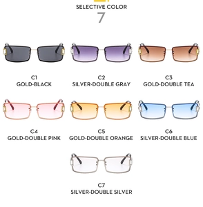 Detailed catalog grid of metal square rimless sunglasses in seven fashion gradient colors