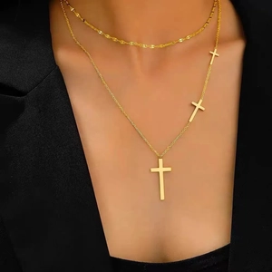 Chic layered 18K gold plated titanium steel double cross necklace for women