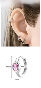 Detail showing 8mm oval zircon hoop earrings in pink and purple with size dimensions