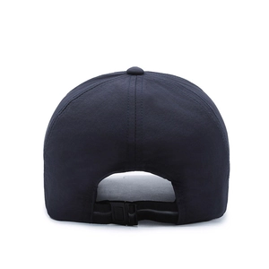 Rear view of navy blue baseball cap with adjustable strap and six-panel structure