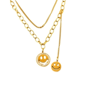 Collier double couche doré avec pendentifs smiley et strass blancs brillants
