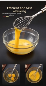 12-wire 304 stainless steel whisk mixing egg yolks in a glass bowl close-up