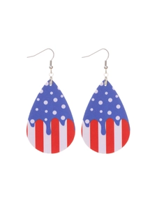 Close-up of teardrop earrings with American flag patterns and metallic hooks