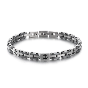 Men's anchor link bracelet in two-tone silver and gunmetal finish stainless steel