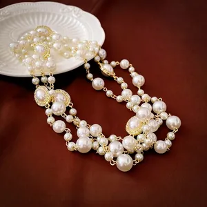 Vintage French Multilayer Artificial Pearl Necklace Alloy Oval Rhinestone Accents Long Sweater Chain Elegant Jewelry For Women